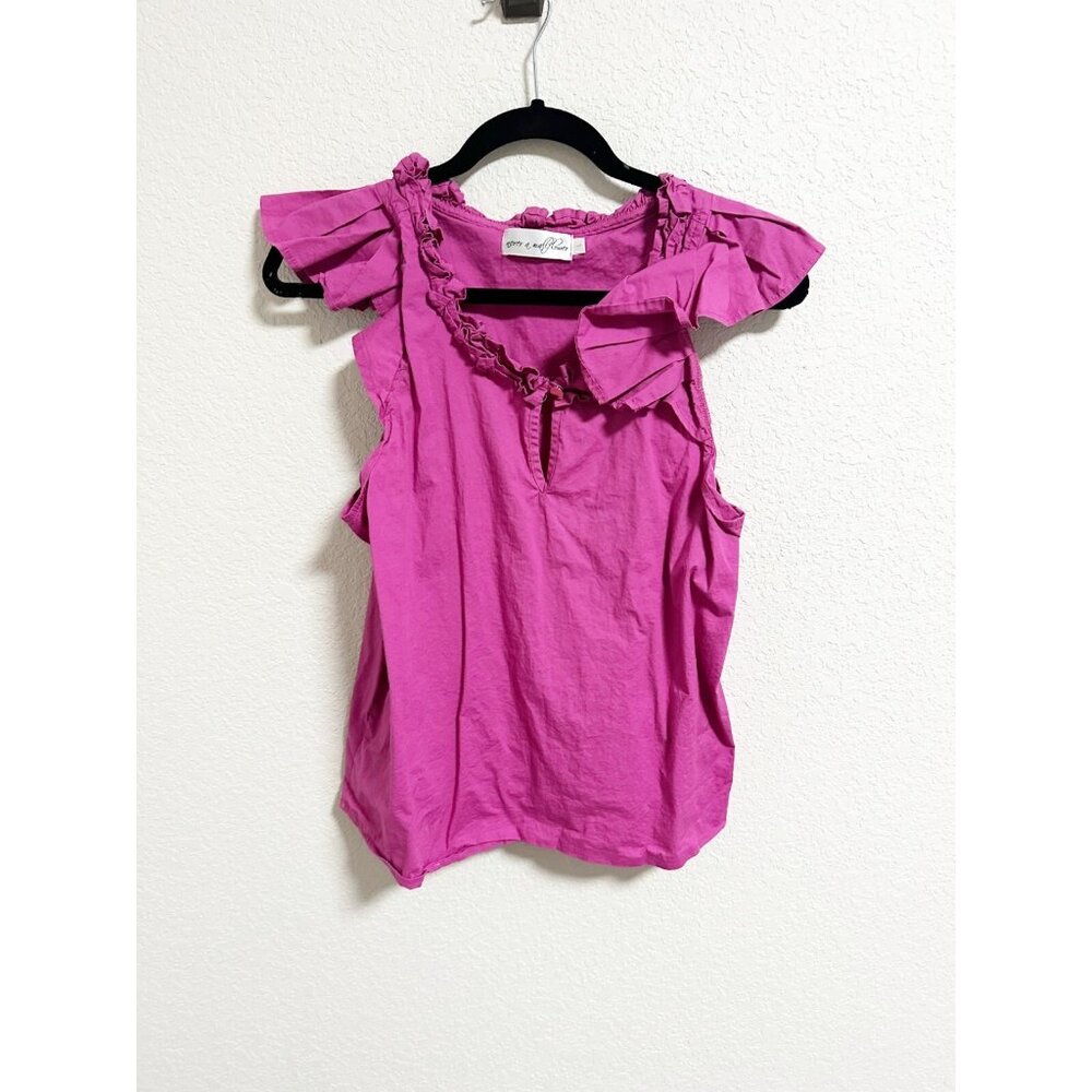 Never A Wallflower Womens Ruffle Neck‎ Flutter Sleeve Keyhole Blouse Pink Large